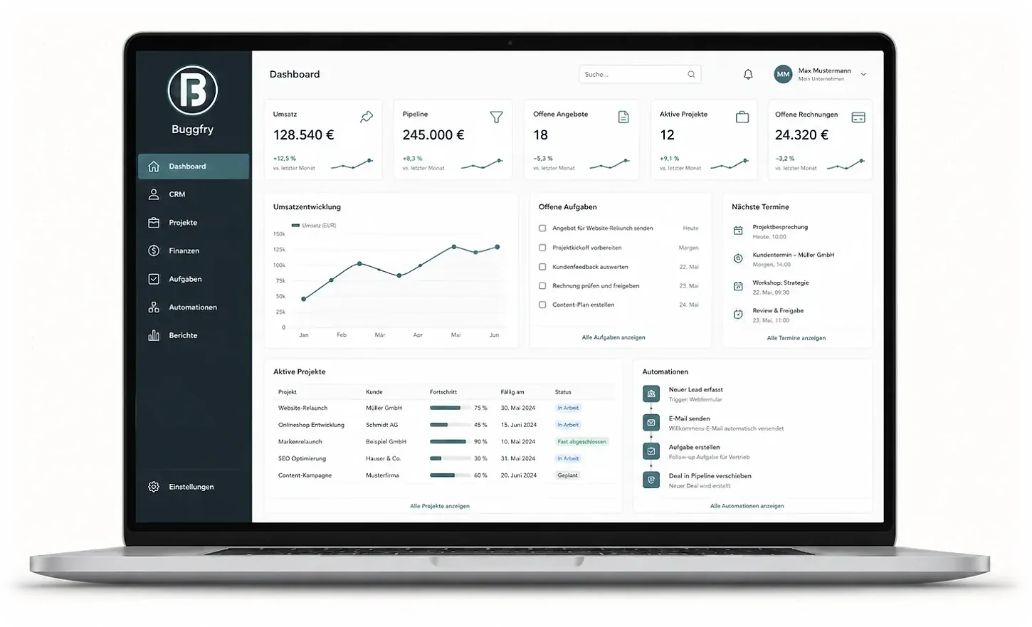Buggfry Dashboard auf einem Laptop